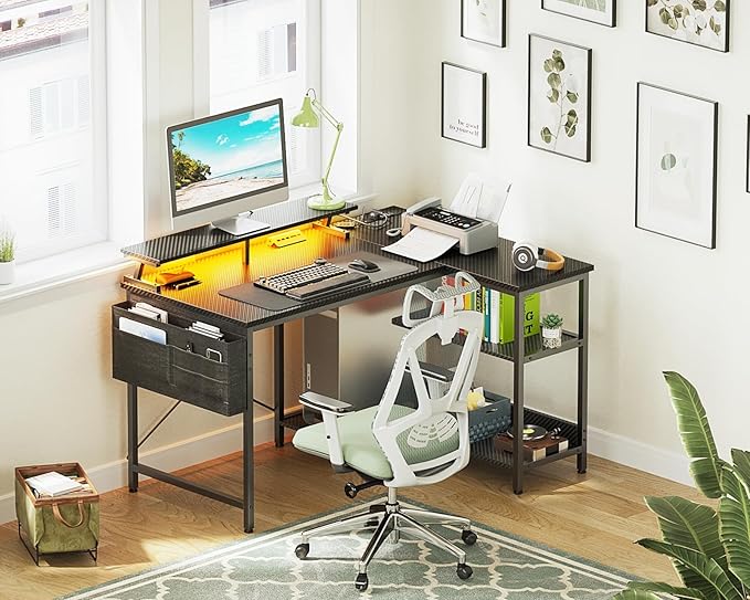 ODK 40 Inch Gaming Desk with USB Power Outlets and LED Lights, Reversible L Shaped Computer Desk with Storage Shelves & Monitor Stand, Corner Home Office Desk Table, Carbon Fiber Surface, Black - LeafyLoom