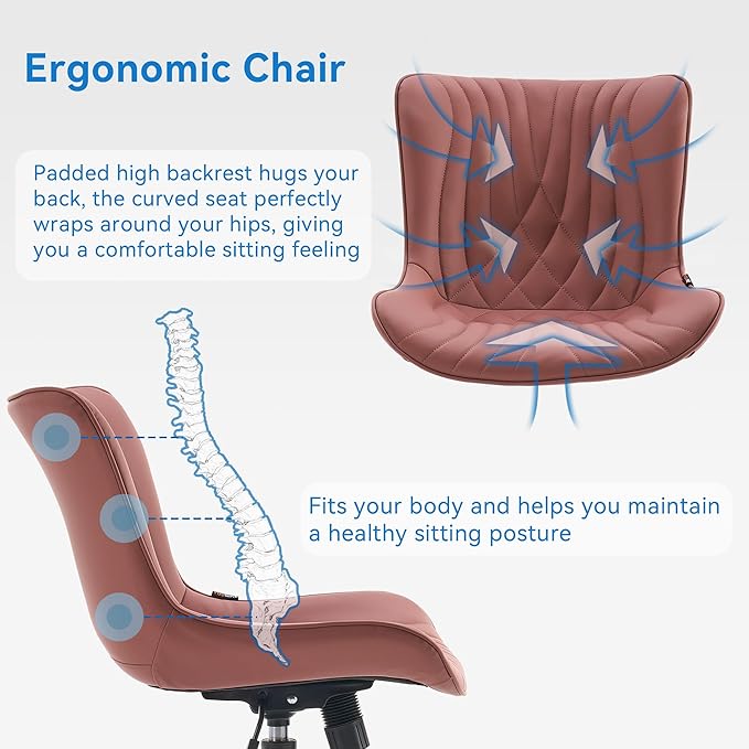 YOUNIKE Office Chair, Armless Desk Chair with Wheels, Home Office Computer Task Chairs, Modern Faux Leather Upholstered Vanity Chair, Adjustable Swivel Rocking Chair with Back, Dusty Rose - LeafyLoom