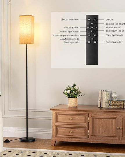 Ambimall Remote Control Floor Lamp, Stepless Dimmable, 64 Inches Tall, Include 9W Bulb, Standing Lamp for Living Room Bedroom Office (DeepBeige & Black) - LeafyLoom