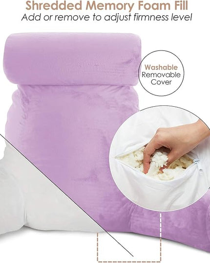 Clara Clark Reading Pillow, Large Back Pillow for Sitting Up in Bed, Memory Foam Back Support Pillow, Reading Pillows for Sitting in Bed Adult, Lavender Sit Up Pillow for Bed with Arms and Pockets - LeafyLoom