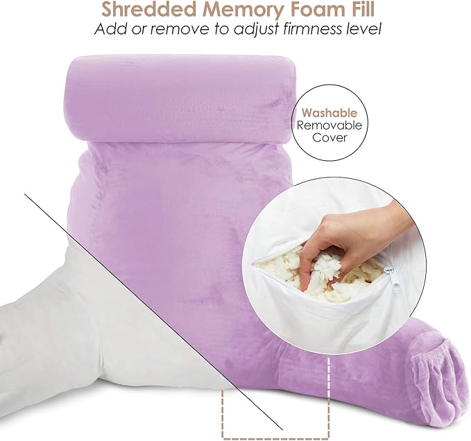 Clara Clark Reading Pillow, Large Back Pillow for Sitting Up in Bed, Memory Foam Back Support Pillow, Reading Pillows for Sitting in Bed Adult, Lavender Sit Up Pillow for Bed with Arms and Pockets - LeafyLoom