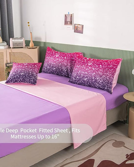 RYNGHIPY 6Pcs Twin Gradient Pink Purple Glitter Comforter Sets for Teens Girls Kids, Colorful Rainbow Glitter Themed Bedding Set - LeafyLoom