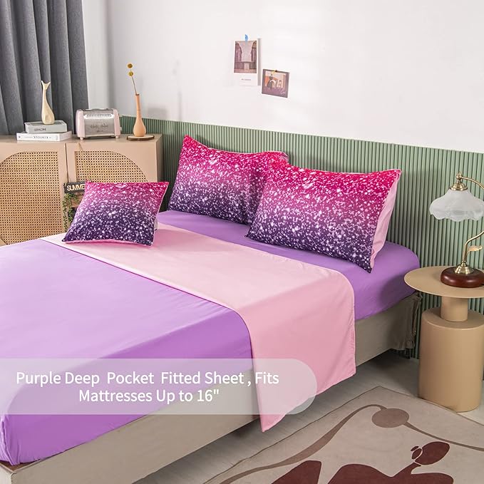 RYNGHIPY 6Pcs Twin Gradient Pink Purple Glitter Comforter Sets for Teens Girls Kids, Colorful Rainbow Glitter Themed Bedding Set - LeafyLoom