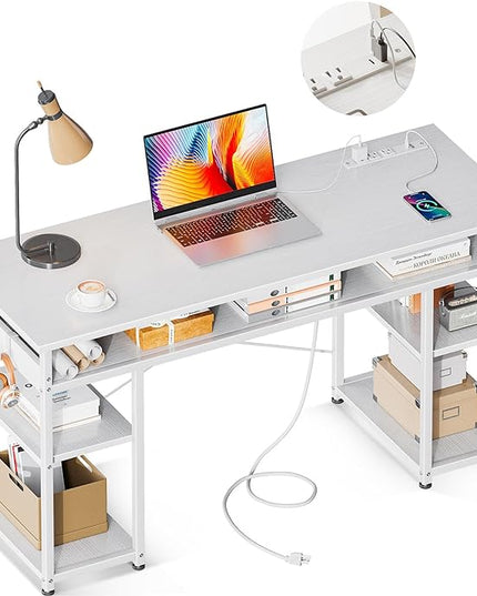 AODK 48 Inch Small Computer Desk with Power Outlets, Writing Desk with Storage Shelves Headphone Hook, Student Laptop PC Desks for Small Spaces Home Office, White - LeafyLoom