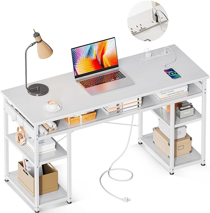 AODK 48 Inch Small Computer Desk with Power Outlets, Writing Desk with Storage Shelves Headphone Hook, Student Laptop PC Desks for Small Spaces Home Office, White - LeafyLoom