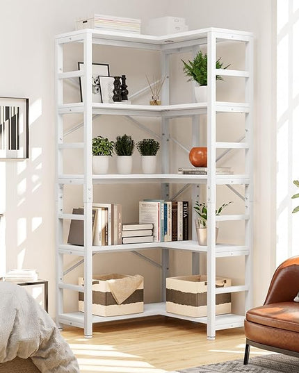 NUMENN 5 Tier Corner Bookshelf, Modern Corner Bookcase, Large Open Shelf Bookcase, Tall Bookshelves Storage Display Rack for Bedroom, Living Room and Home Office, White - LeafyLoom