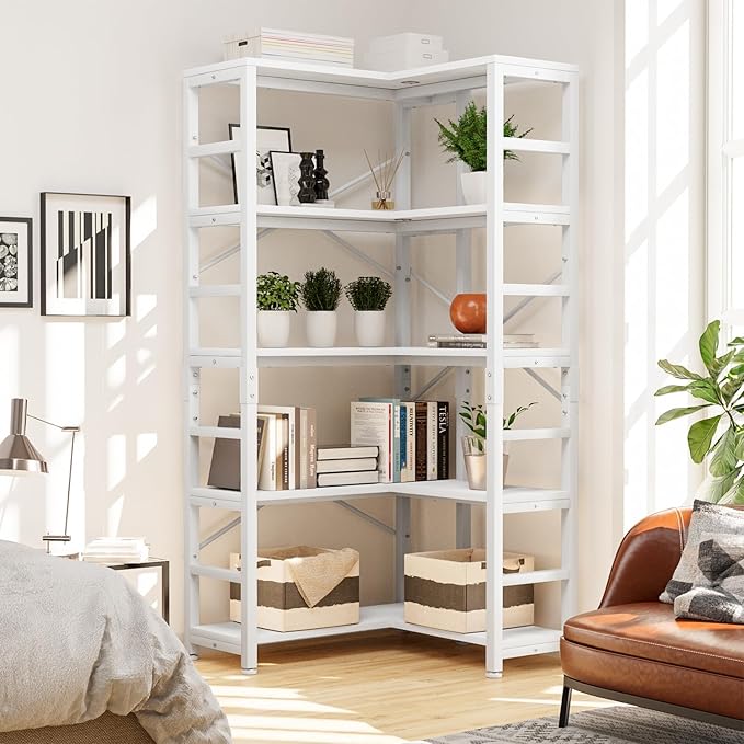 NUMENN 5 Tier Corner Bookshelf, Modern Corner Bookcase, Large Open Shelf Bookcase, Tall Bookshelves Storage Display Rack for Bedroom, Living Room and Home Office, White - LeafyLoom