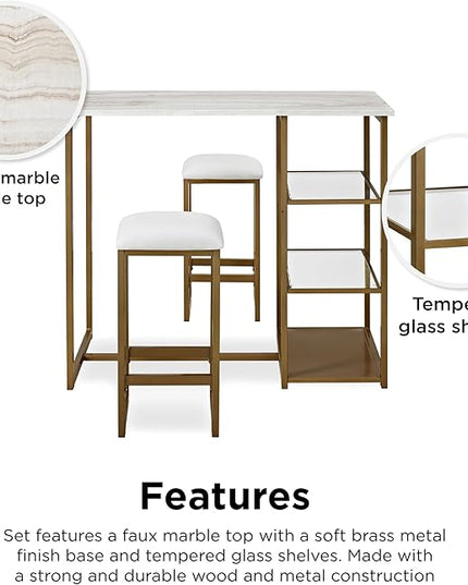 Dorel Living Tanner 3-Piece Brass Pub Set with Faux Marble Top, White - LeafyLoom