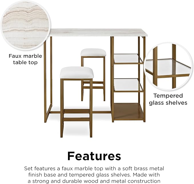 Dorel Living Tanner 3-Piece Brass Pub Set with Faux Marble Top, White - LeafyLoom