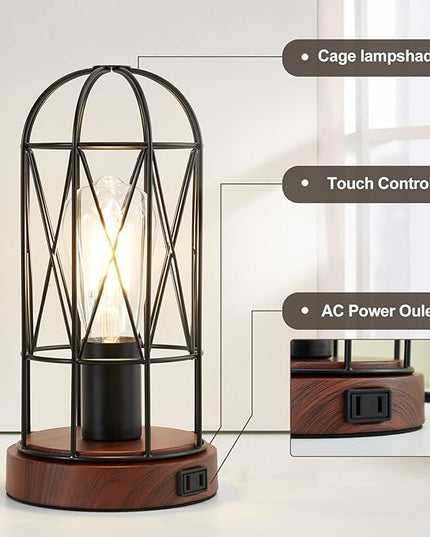 Industrial Table Lamp, Small Touch Control Edison Desk Lamp 3 Way Dimmable Vintage Bedside Lamp with AC Outlet Metal Cage Steampunk Nightstand Lamp for Living Room, Bedroom or Den - LeafyLoom