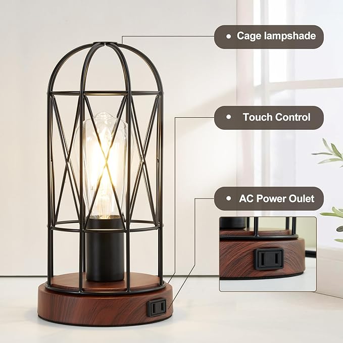 Industrial Table Lamp, Small Touch Control Edison Desk Lamp 3 Way Dimmable Vintage Bedside Lamp with AC Outlet Metal Cage Steampunk Nightstand Lamp for Living Room, Bedroom or Den - LeafyLoom