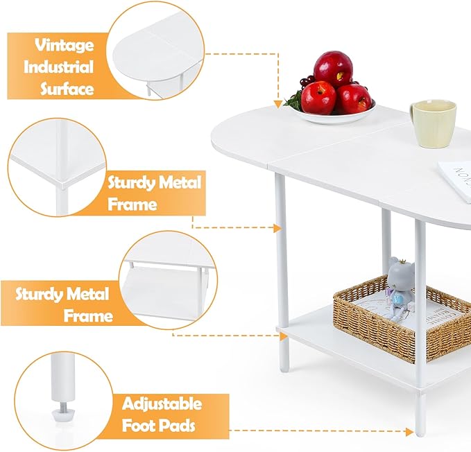 White Coffee Tables for Living Room,2-Tier Small Coffee Table Industrial Modern Oval Center Table with Storage Shelf and Wood Tabletop,for Small Space,Home Office - LeafyLoom