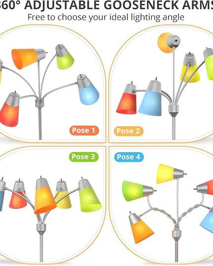 FOLKSMATE LED Floor Lamp, Medusa Multi-Head Modern Tall Standing Lamps, Adjustable Corner Reading Floor Light for Living Room, Bedroom, Kid Room, Classroom, Colored Lampshades, Silver Grey - LeafyLoom