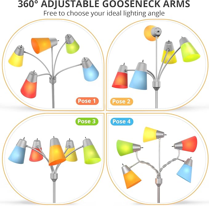 FOLKSMATE LED Floor Lamp, Medusa Multi-Head Modern Tall Standing Lamps, Adjustable Corner Reading Floor Light for Living Room, Bedroom, Kid Room, Classroom, Colored Lampshades, Silver Grey - LeafyLoom