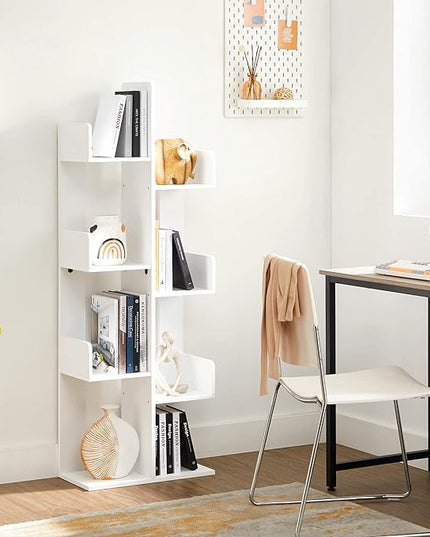 VASAGLE Bookcase, Tree-Shaped Bookshelf with 8 Storage Shelves, Rounded Corners, White 9.8D x 19.7W x 55.1H in, Engineered Wood - LeafyLoom