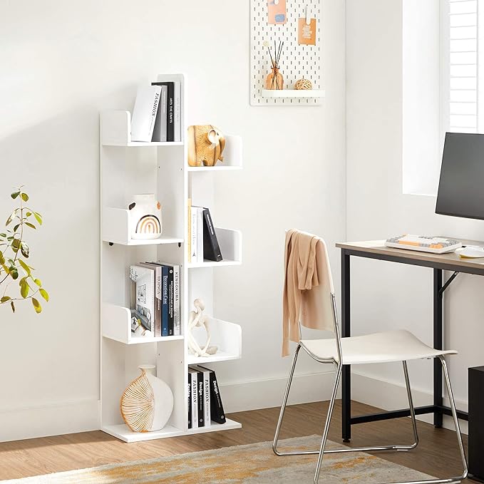VASAGLE Bookcase, Tree-Shaped Bookshelf with 8 Storage Shelves, Rounded Corners, White 9.8D x 19.7W x 55.1H in, Engineered Wood - LeafyLoom
