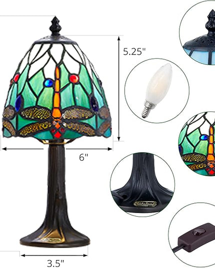 Stained Glass Dragonfly Design Table or Desk Light, Tiffany Style mini table Lamp-, LED Bulb Included-Vintage Look Colorful Accent Decor - LeafyLoom
