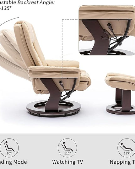 JC Home Swivel Ottoman Bonded Leather Recliner Chair and Foot Rest for Living Room, Home Theater, Man Cave, Bedroom-Round Mahogany Base-Modern, Contemporary Furniture, offwhite - LeafyLoom