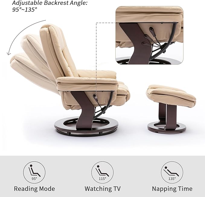 JC Home Swivel Ottoman Bonded Leather Recliner Chair and Foot Rest for Living Room, Home Theater, Man Cave, Bedroom-Round Mahogany Base-Modern, Contemporary Furniture, offwhite - LeafyLoom