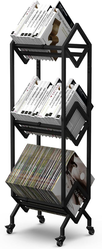 Bookshelf Book Cart Rack Industrial Metal Bookcase 3 Tier Holder with Wheels Modern Stylish Design Magazines Files Album Recipe Book Storage Organizer for Sofa End Bed Beside (3 Tier) - LeafyLoom