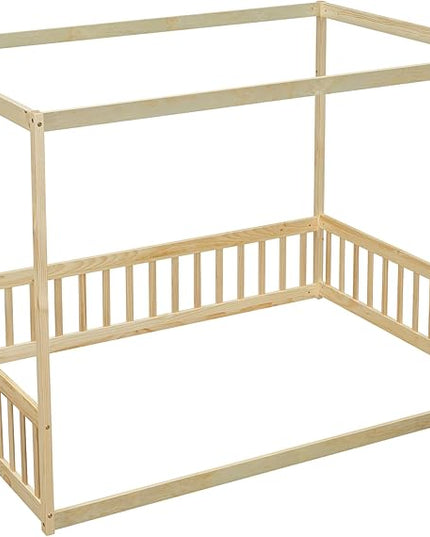 Full Size Canopy Bed Frame with Guardrails for Kids,Floor Bed Full with Four Poster Design,Kids Montessori Floor Bed,Wood Canopy Bed Frame for Girls,Boys(Full,Natural) - LeafyLoom