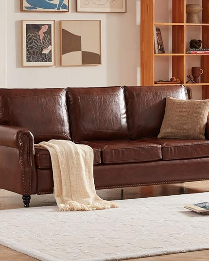 Dreamsir 79'' Traditional Faux Leather Sofa Couch with Nailhead Trim, Classic 3-Seater Sofa with Rolled Arms for Living Room, Bedroom, Apartment, Easy to Install (Retro Brown) - LeafyLoom