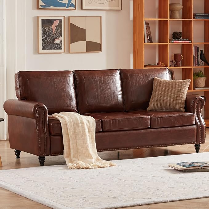 Dreamsir 79'' Traditional Faux Leather Sofa Couch with Nailhead Trim, Classic 3-Seater Sofa with Rolled Arms for Living Room, Bedroom, Apartment, Easy to Install (Retro Brown) - LeafyLoom