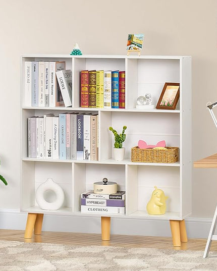 YAHARBO 8 Cube White Bookshelf,3 Tier Book Shelf with Legs,Modern Minimalist Bookcase,Open Book Shelves Storage Organizer,Frees Standing Wooden Display Bookcases for Small Space,Bedroom,Living Room - LeafyLoom