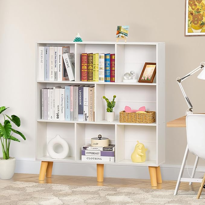 YAHARBO 8 Cube White Bookshelf,3 Tier Book Shelf with Legs,Modern Minimalist Bookcase,Open Book Shelves Storage Organizer,Frees Standing Wooden Display Bookcases for Small Space,Bedroom,Living Room - LeafyLoom