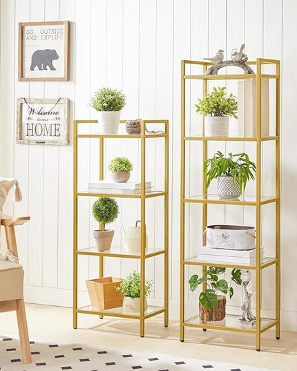HOOBRO 5-Tier Gold Bookcase, Tempered Glass Bookshelves, Slim Shelving Unit for Living Room, Narrow Bookshelf for Small Spaces, Storage Rack Display Shelf for Home Office, Gold GD45SJ01 - LeafyLoom