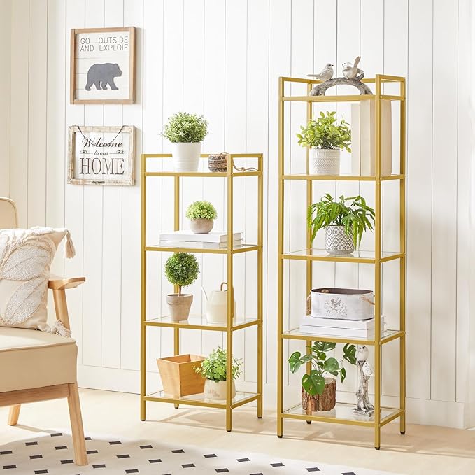 HOOBRO 5-Tier Gold Bookcase, Tempered Glass Bookshelves, Slim Shelving Unit for Living Room, Narrow Bookshelf for Small Spaces, Storage Rack Display Shelf for Home Office, Gold GD45SJ01 - LeafyLoom