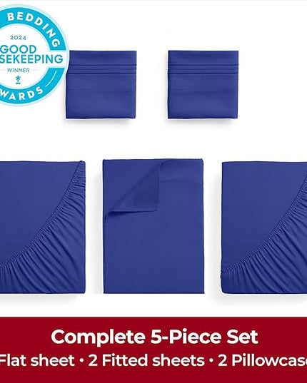Mellanni Extra Deep Split King Sheets - 5 PC Iconic Collection Bedding Sheets & Pillowcases - Hotel Luxury, Ultra Soft, Cooling Bed Sheets - Extra Deep Pocket up to 21 inch (Split King, Royal Blue) - LeafyLoom