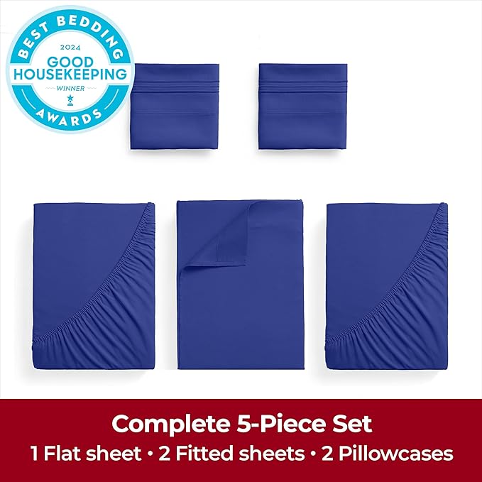 Mellanni Extra Deep Split King Sheets - 5 PC Iconic Collection Bedding Sheets & Pillowcases - Hotel Luxury, Ultra Soft, Cooling Bed Sheets - Extra Deep Pocket up to 21 inch (Split King, Royal Blue) - LeafyLoom