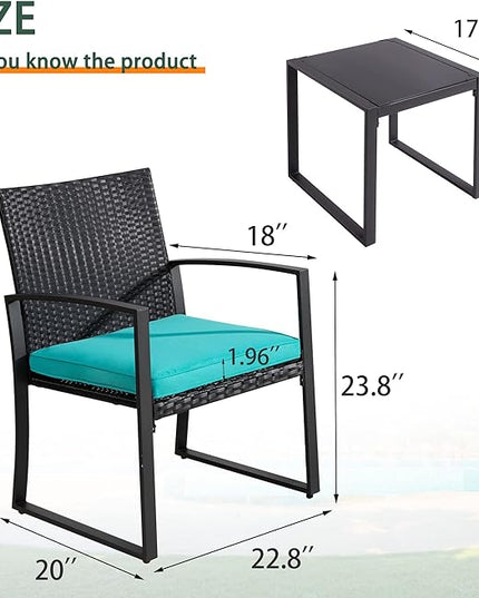 Shintenchi 3 Pieces Outdoor Patio Furniture Set, Modern Wicker Bistro Set, Conversation Rattan Chair of 2 with Coffee Table for Yard Porch Poolside Lawn(Blue Cushion) - LeafyLoom