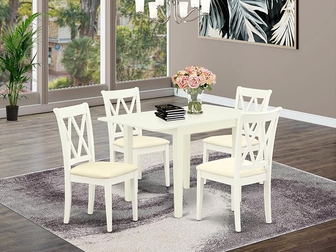 East West Furniture NDCL5-LWH-C Norden 5 Piece Room Set Includes a Rectangle Kitchen Table with Dropleaf and 4 Fabric Upholstered Dining Chairs, 30x48 Inch, Linen White - LeafyLoom