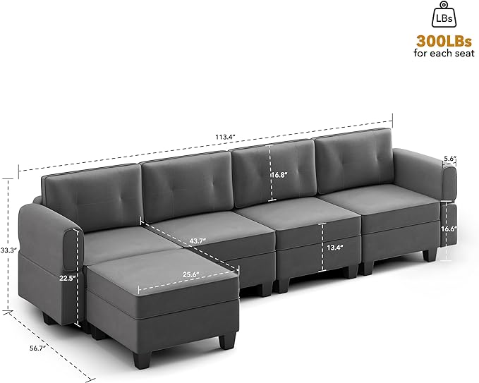 Modular Sectional Sofa, Convertible Sectional Couches for Living Room L Shaped Sofa Couch with Storage Ottoman, High Supportive 6 Seats Reversible Sectionals 113'' with Chaise, Dark Grey - LeafyLoom