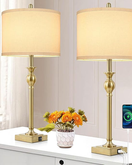 TOBUSA 28” Gold Table Lamps Set of 2, Tall Bedside lamps with Dual USB Charging Ports, Modern Nightstand Lamps with Square Brass Base and White Fabric Shade for Living Room, Bedroom(No E26 Bulbs) - LeafyLoom