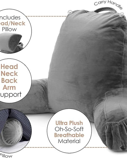 Nestl Reading Pillow with Portable Laptop Lap Desk, Velvet Feel Back Pillow for Sitting in Bed, Shredded Memory Foam Back Support Pillow for Bed, Bed Rest Pillow with Arms, Large - Gray - LeafyLoom