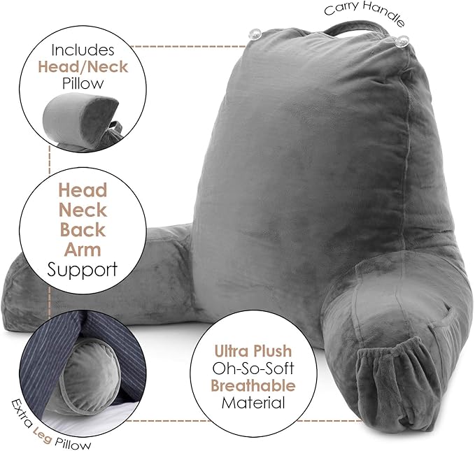 Nestl Reading Pillow with Portable Laptop Lap Desk, Velvet Feel Back Pillow for Sitting in Bed, Shredded Memory Foam Back Support Pillow for Bed, Bed Rest Pillow with Arms, Large - Gray - LeafyLoom