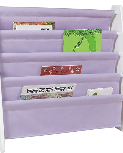 Wildkin Kids Canvas Sling Bookshelf for Boys and Girls, Wooden Design Features Four Fabric Shelves, Keep Bedrooms, Playrooms, and Classrooms Organized, an Ideal Kids Bookshelf (White w/Lilac) - LeafyLoom