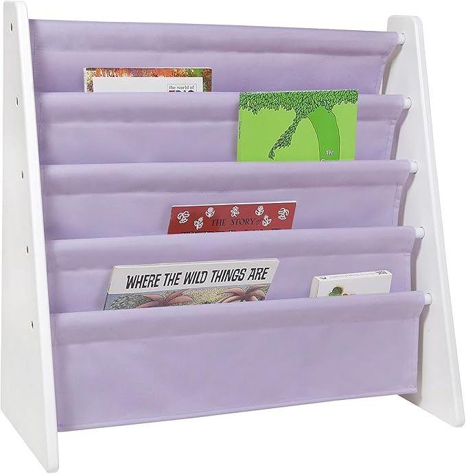 Wildkin Kids Canvas Sling Bookshelf for Boys and Girls, Wooden Design Features Four Fabric Shelves, Keep Bedrooms, Playrooms, and Classrooms Organized, an Ideal Kids Bookshelf (White w/Lilac) - LeafyLoom
