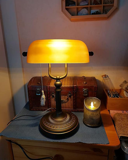 Newrays Matted Orange Glass Bankers Desk Lamp with Pull Chain Switch Plug in Fixture - LeafyLoom