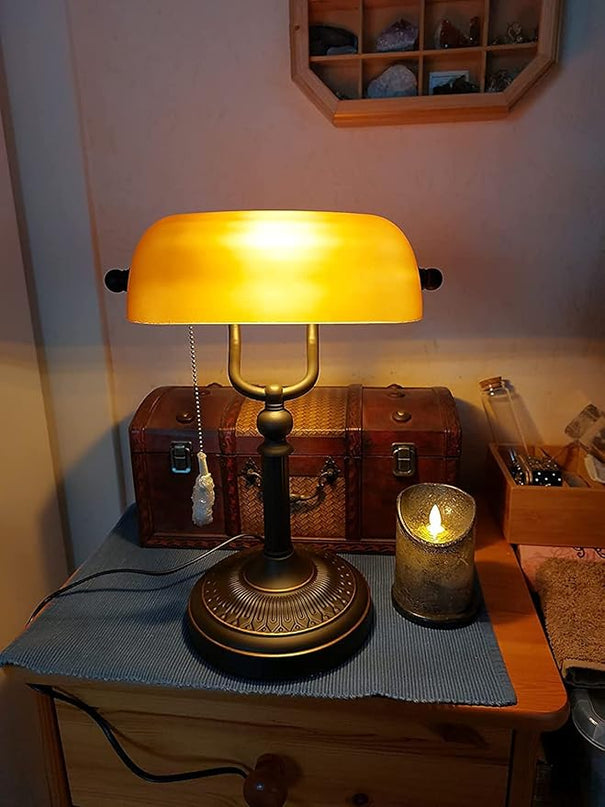 Newrays Matted Orange Glass Bankers Desk Lamp with Pull Chain Switch Plug in Fixture - LeafyLoom