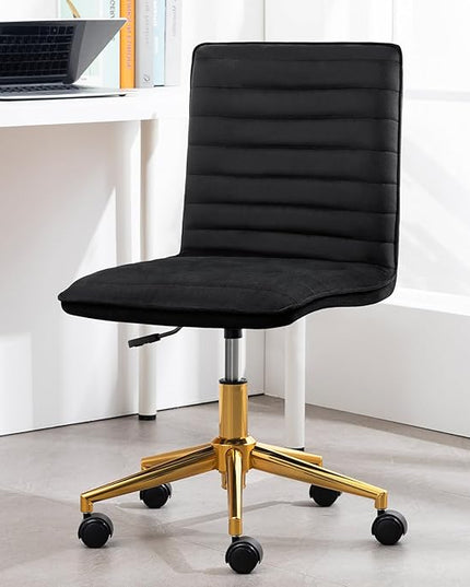Furniliving Home Office Chair, Armless Vanity Chair with Wheels Swivel Velvet Computer Rolling Desk Chair with Back, Adjustable Accent Chair with Gold Metal Base Stool Chair,Black - LeafyLoom
