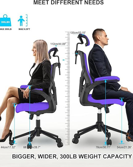 𝑯𝑶𝑴𝑬 𝑶𝑭𝑭𝑰𝑪𝑬 𝑪𝑯𝑨𝑰𝑹, Ergonomic Mesh Desk Chair, High Back Computer Chair- Adjustable Headrest with Flip-Up Arms, Lumbar Support, Swivel Executive Task Chair (Modern, Blue Violet) - LeafyLoom
