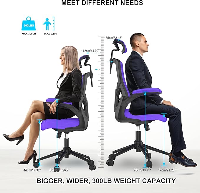 𝑯𝑶𝑴𝑬 𝑶𝑭𝑭𝑰𝑪𝑬 𝑪𝑯𝑨𝑰𝑹, Ergonomic Mesh Desk Chair, High Back Computer Chair- Adjustable Headrest with Flip-Up Arms, Lumbar Support, Swivel Executive Task Chair (Modern, Blue Violet) - LeafyLoom