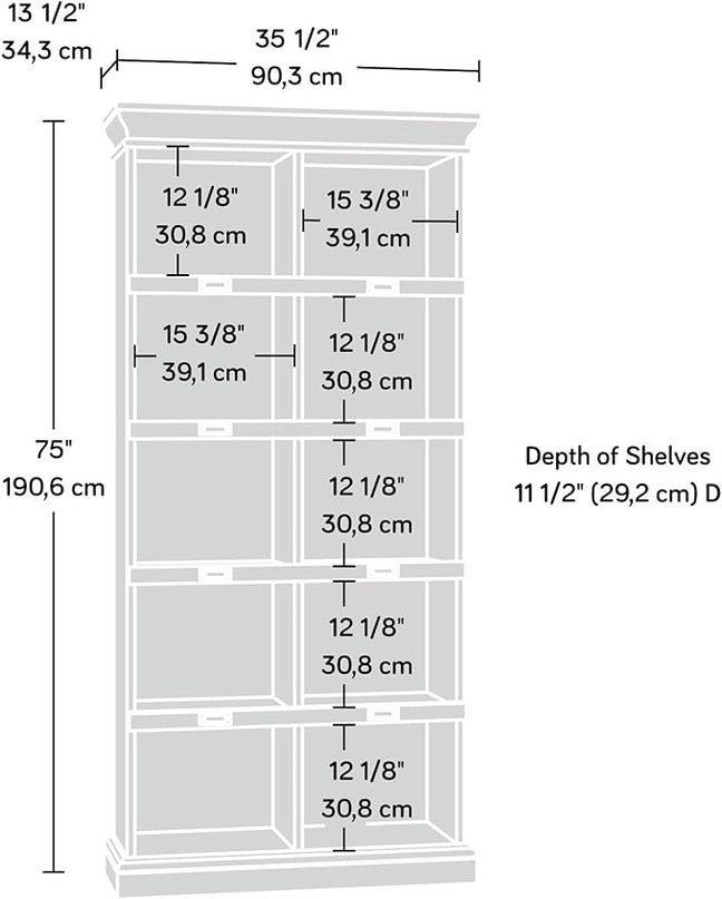 Sauder Barrister Lane Tall Bookcase/Book Shelf, L: 35.55" x W: 13.5" x H: 75.04", White Plank - LeafyLoom