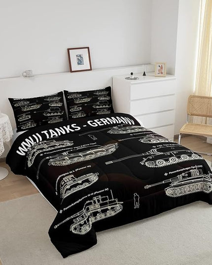 Tank Comforter Set King, War Theme Bedding Set, Soldier Dirt Bike Camouflage Army Acting Down Comforter for Kid Boy Teen Men,Camo Vintage Style Quilt Set, Military Vehicle Duvet Set Room Decor - LeafyLoom