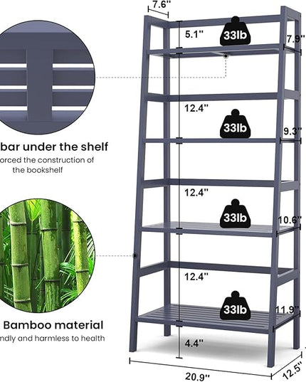 Homykic Bamboo Ladder Shelf 4-Tier Bookshelf, 49.2” Freestanding Open Bookcase Book Shelf Bathroom Storage Shelf Unit Plant Stand for Living Room, Bedroom, Small Space, Home Office, Blue Grey - LeafyLoom