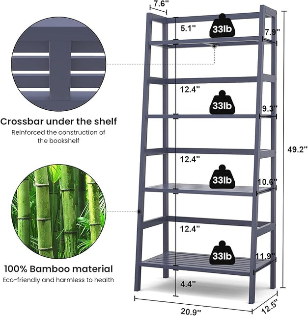 Homykic Bamboo Ladder Shelf 4-Tier Bookshelf, 49.2” Freestanding Open Bookcase Book Shelf Bathroom Storage Shelf Unit Plant Stand for Living Room, Bedroom, Small Space, Home Office, Blue Grey - LeafyLoom
